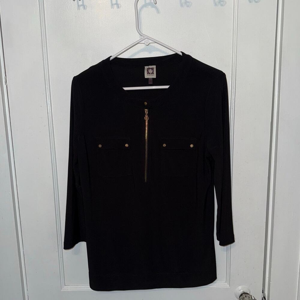 Anne Klein 3/4 Sleeve Gold Zipper Down Blouse Black size M Women's